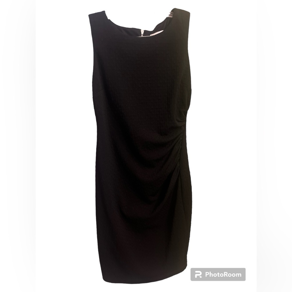 Bisou Bisou black cap sleeve textured dress side ruching flattering zip up sz 10